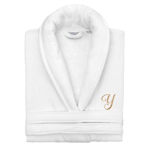 Linum Home Textiles 100% Turkish Cotton Personalized Unisex Anovia Velour Bathrobe - Gold Linum Font - 1 of 4
