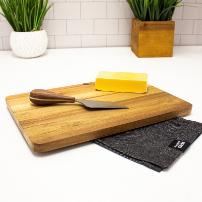 Aaron Probyn Medium Wood Round Bamboo Cheese Board Set with Stainless Steel Knives