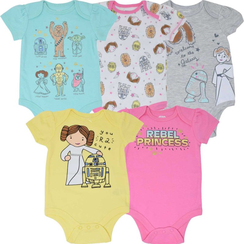 Star Wars Chewbacca Princess Leia R2-D2 Baby Girls 5 Pack Bodysuits Newborn to Infant, 1 of 8