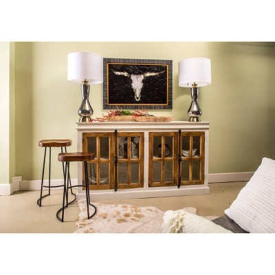 Two-Toned White and Natural Mango Wood Credenza with Tempered Glass