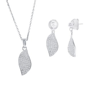 Bella Silver Sterling Silver, Pave CZ Wave Design Necklace & Earrings Set - Silver - 16+2 Inch - 1 of 4