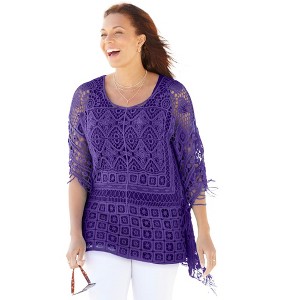 Catherines Women's Plus Size Openwork Fringe Duster - 1 of 4