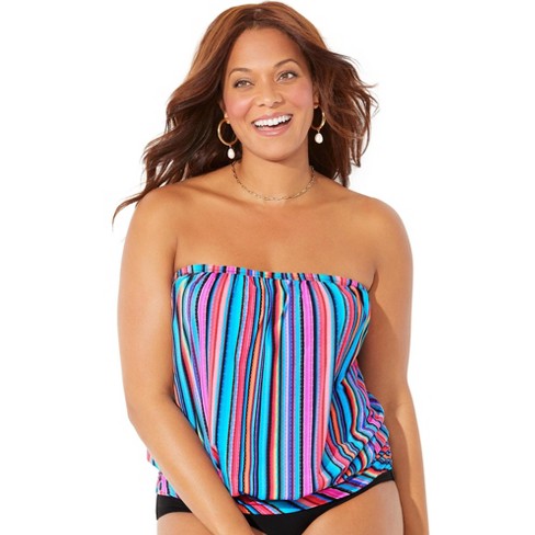 Swimsuits for All Women's Plus Size Bandeau Blouson Tankini Top - 18, Multi  Stripe