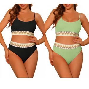 Elerevyo Women's High Waisted Ribbed Adjustable Spaghetti Straps Push Up Swimsuit Bathing Suits 2 Sets - 1 of 4