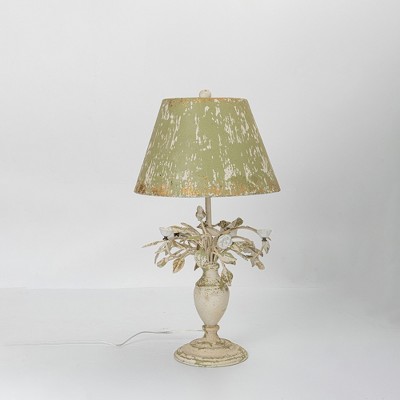 Vintage-Style Table Lamp with Distressed Green Shade and Floral Base, Rustic Home Decor Accent Piece, 1pc