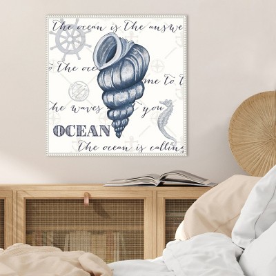 Indigo Ocean Treasures I Coastal Canvas Wall Art with White Frame