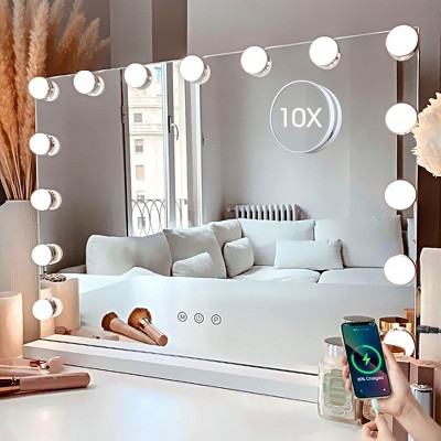 Vanity Mirror with Lights, Hollywood Makeup Mirror with 15 LED, 3 Color Modes, USB Charging Port, Touch Control, Metal Frame
