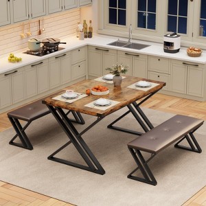 Retro Dining Table Set for 4 - Kitchen Table with 2 Upholstered Benches, 3 Piece Dining Table Set for Small Space, Apartment, Saving Space for - 1 of 4