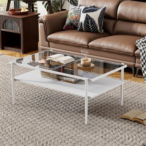 RISOKEYS Rectangle Coffee Table - Tempered Glass Top with Metal Legs, Mid Century 2 Tier Table with Wood Storage Shelf for Living Room - 1 of 4