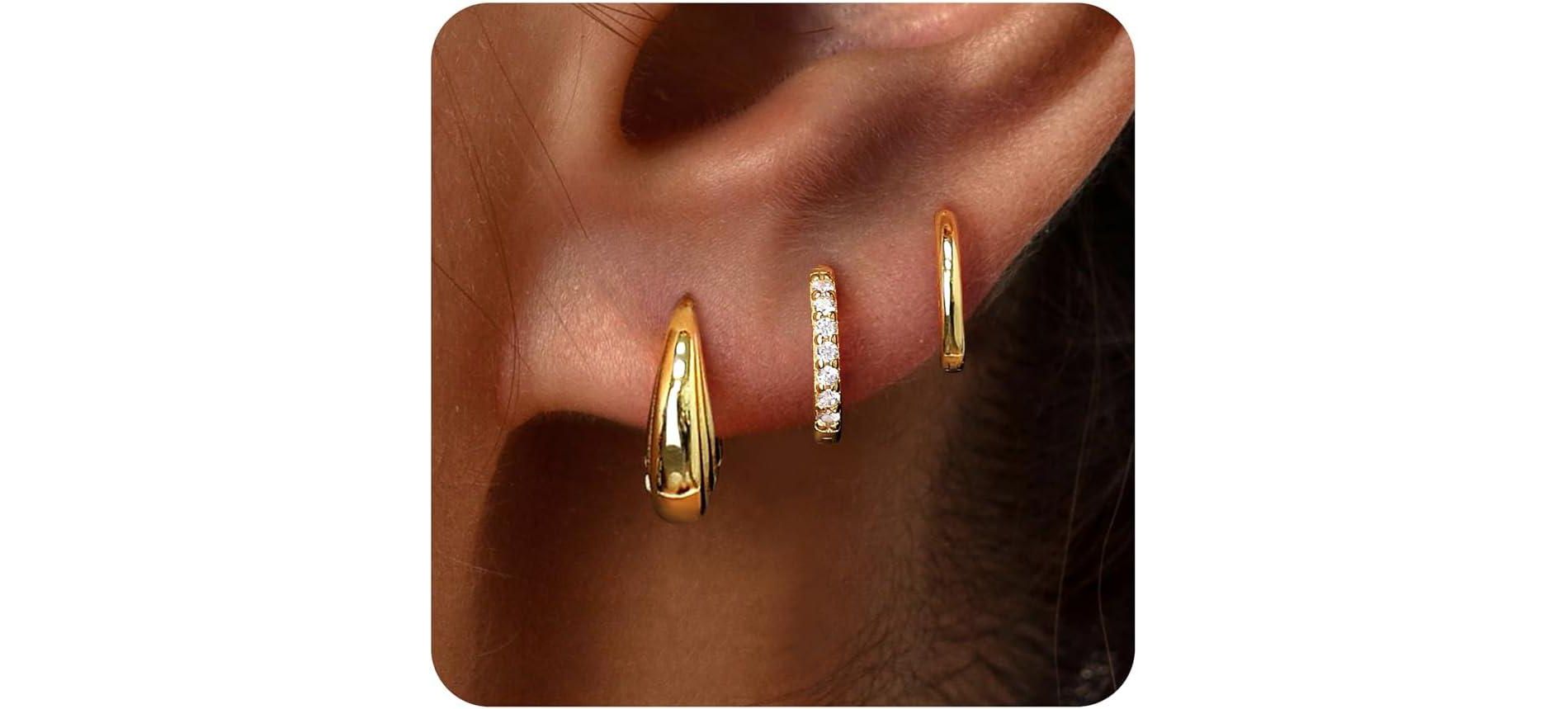 Small Sterling Silver Huggie Hoop Earrings Set - 14K Gold Plated Hypoallergenic Hoops for Cartilage & Multiple Piercings, Dainty Lightweight Gift