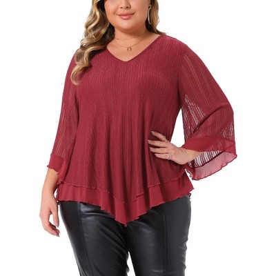 Women's Plus Size Double Layers Mesh Ruffle 3/4 Sleeve V Neck Casual Tunic Tops - Agnes Orinda