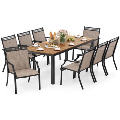 Tangkula 9-Piece Outdoor Patio Furniture w/ Large Wooden Tabletop & Umbrella Hole