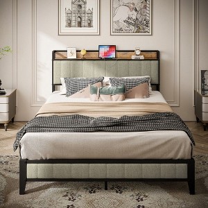 CAVINAS Queen Size Bed Frame with Charging Station for Bedroom,Metal Platform Bed with Upholstered Headboard - 1 of 4