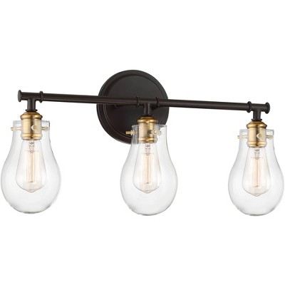 Possini Euro Design Vintage Industrial Wall Light Bronze Brass Hardwired 22" Wide 3-Light Fixture Clear Glass for Bathroom Vanity