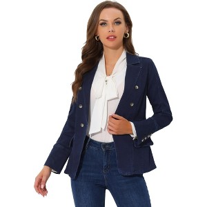 Allegra K Women's Regular Fit Casual Lapel Long Sleeve Denim Pockets Blazer - 1 of 4