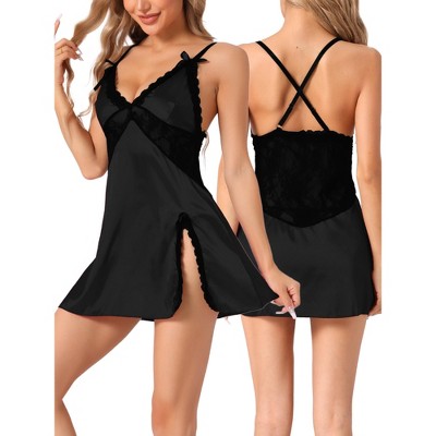 INSPIRE CHIC Women's Satin Lingerie Lace V-Neck Chemise Sleep Dress