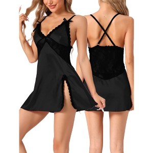 INSPIRE CHIC Women's Satin Lingerie Lace V-Neck Chemise Sleep Dress - 1 of 4
