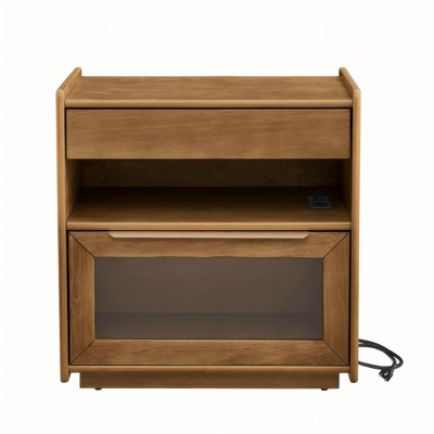 Mid Century Nightstand with Charging Station Outlet 2 Drawers Open Shelf Glass Drawer Walnut
