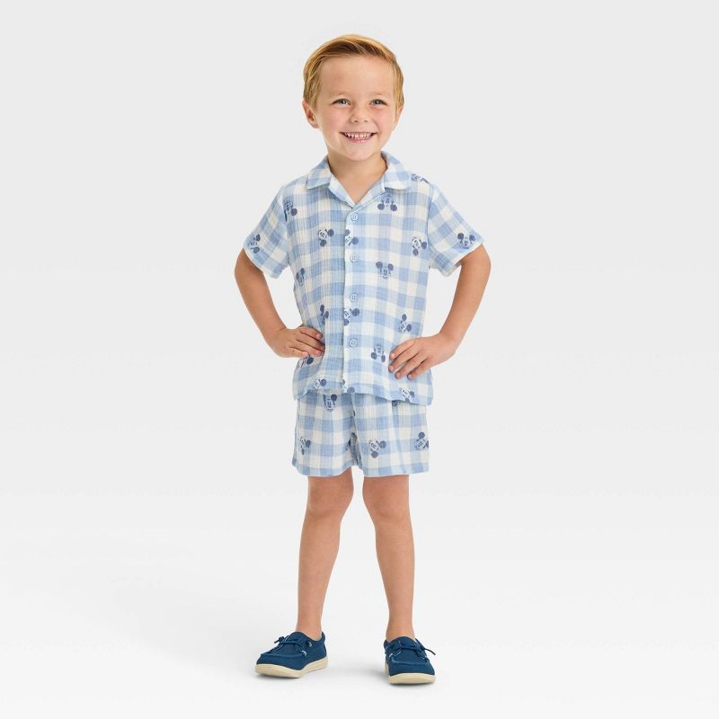 Toddler Boys' Disney Mickey Mouse Gingham Woven Top and Shorts Set - Blue, 3 of 4
