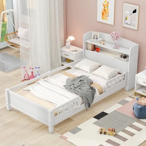 ALEXOUN Bed Frame with Rails for Kids,Wood Low Platform Beds with Storage Headboard & Slat Support for Kids,Teens,No Box Spring Needed - 1 of 4