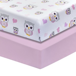 Everyday Kids 2 Pack Girls Fitted Crib Sheets - 100% Cotton, Pink Owls & Hearts, Solid Pink - Fits Standard Crib Mattress 28"x52" - 1 of 4