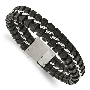 Black Bow Jewelry Men's 16mm Stainless Steel & Black Leather Bracelet, 9 Inch - 1 of 4