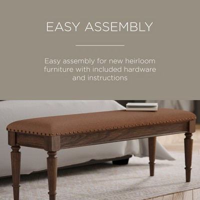 Elizabeth Traditional Brown Upholstered Wooden Bench with Nailhead Trim
