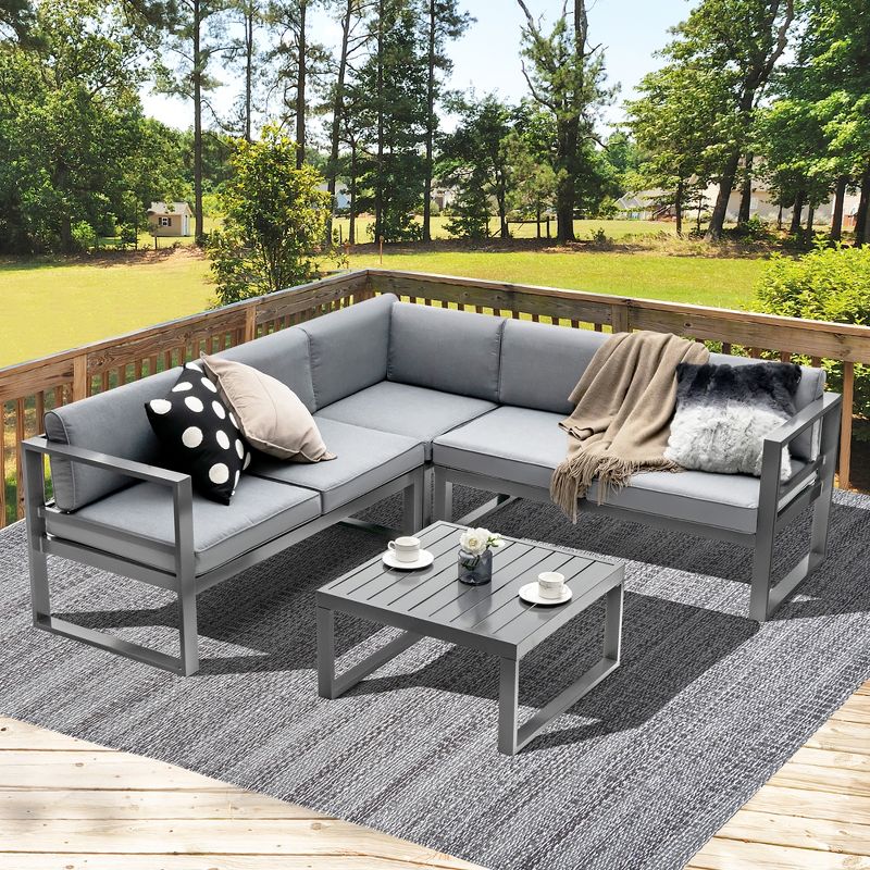 Costway 4PCS Patio Furniture Set Aluminum Frame Loveseat Coffee Table Cushions Deck Grey, 3 of 11