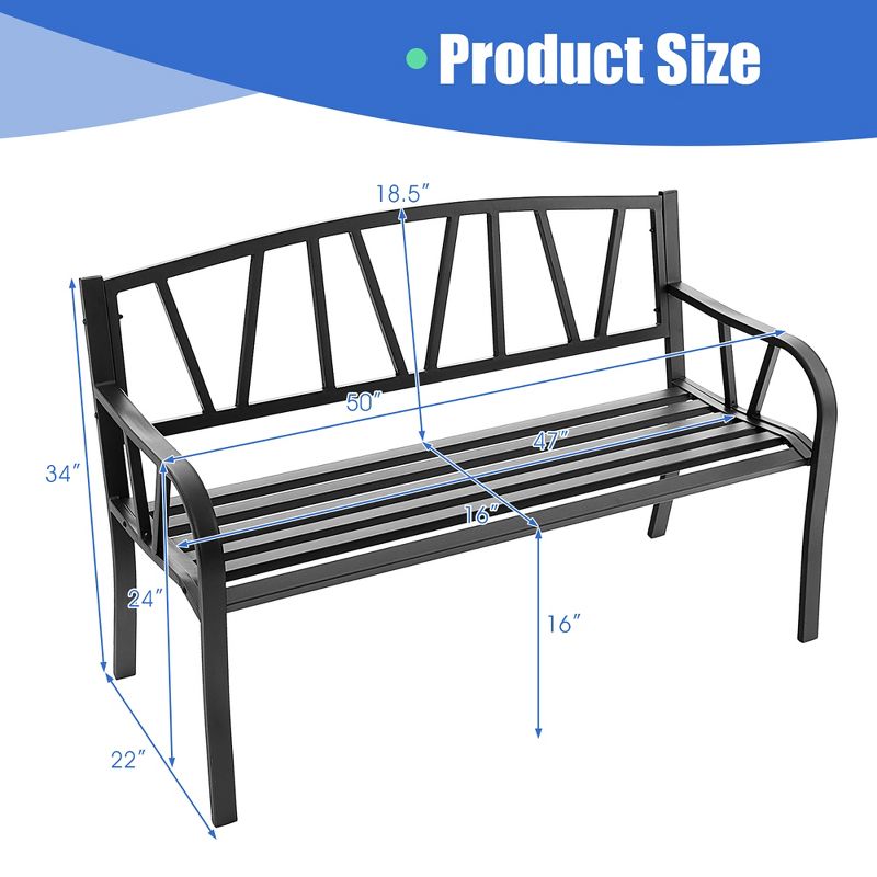 Costway Outdoor Patio Garden Bench Metal Frame with Ergonomic Armrest 660 Lbs Max Load, 3 of 11