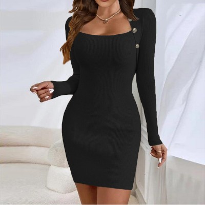 Womens Dress Square Neck Button Detail Bodycon Ribbed Knit Sweater Dress