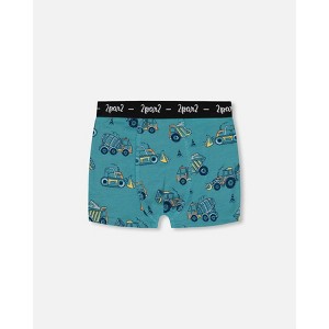 Deux par Deux Boy Printed Organic Cotton Boxer Shorts Teal with Yellow Truck - 4-5 Years - 1 of 3
