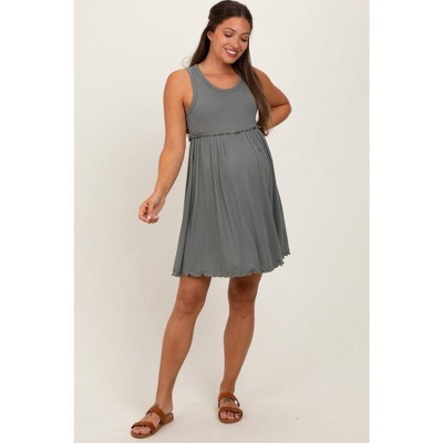 PinkBlush Olive Ribbed Sleeveless Lettuce Trim Maternity Mini Dress