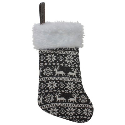 Northlight 19" Gray and White Reindeer and Snowflake Knit Christmas Stocking with Faux Fur Cuff