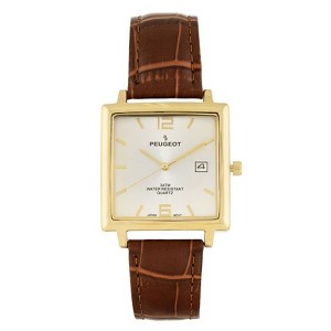 Peugeot Men's 35mm 14K Gold Plated Square Watch with Brown leather Strap - 1 of 4