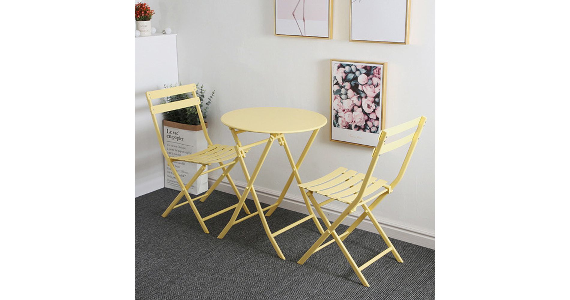 3 Piece Patio Bistro Set of Foldable Round Table and Chairs, Yellow