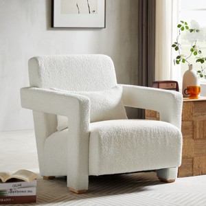 Modern White Accent Chair with Right-Angle Armrests and Wood Block Legs for Living Room Bedroom or Study-Maison Boucle - 1 of 4