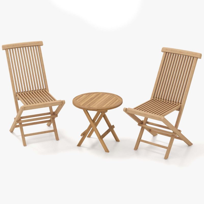 Costway 3PCS Patio Bistro Set Round Table Indonesia Teak Wood Folding Chair Slatted Tabletop Seat, 2 of 10