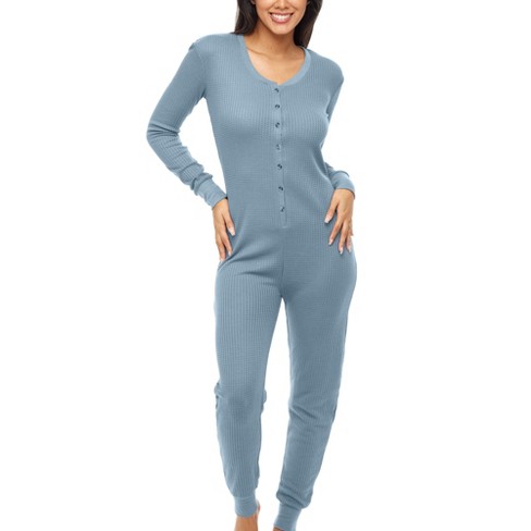 ADR Women's Waffle Ribbed Knit Thermal Onesie Pajama Thermal Underwear  Romper Blue Small