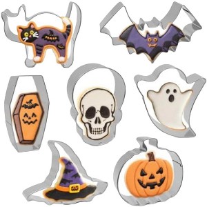 Aoibox Halloween Cookie Cutters Set - 7 Piece Stainless Steel Shapes for Baking, Ghost, Pumpkin, Bat, Cat, Skull, Coffin, Witch Hat, Holiday Decor - 1 of 4
