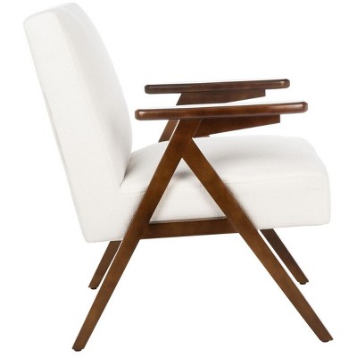 White Linen and Walnut Wood Arm Accent Chair