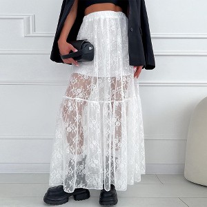 Women's Summer Casual See Through Sheer Lace Maxi Skirt Elastic Waist Ruffle A Line Flowy Long Skirt - 1 of 3