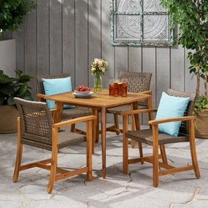 Christopher Knight Home Clausen Outdoor Acacia Wood and Wicker 5 Piece Dining Set, Teak/Mixed Mocha - 1 of 4