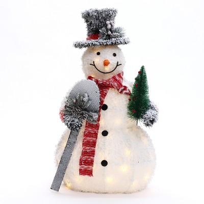 LuxenHome White Frosted Snowman Holding Shovel and Christmas Tree Holiday Decoration with Lights Multicolored