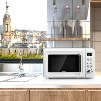 White Retro Compact Countertop Microwave Oven with Glass Turntable