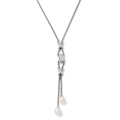 Black Bow Jewelry CZ and Freshwater Cultured Pearl Drop Necklace in Sterling Silver