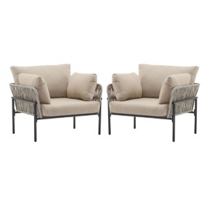 TiramisuBest 36" Iron Lounge Chair with Cushions,Beige & Light Wood, Waterproof,Modern Natural Living Spaces - 1 of 4
