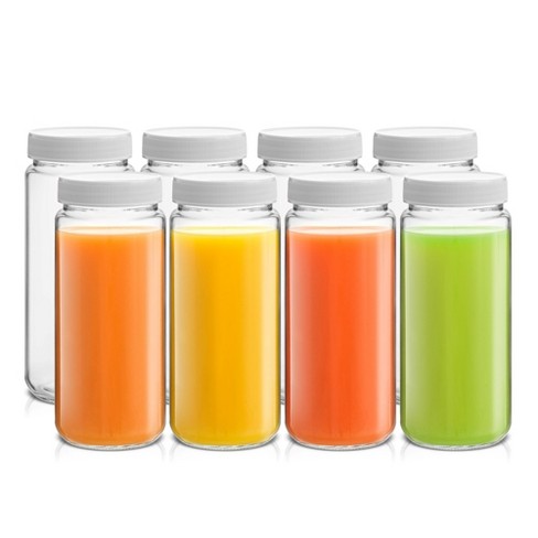 Juice Bottles - 4 Pack Wide Mouth Glass Bottles with Lids - for Juicing, Smoothies, Infused Water, Beverage Storage - 10oz, BPA Free, Stainless