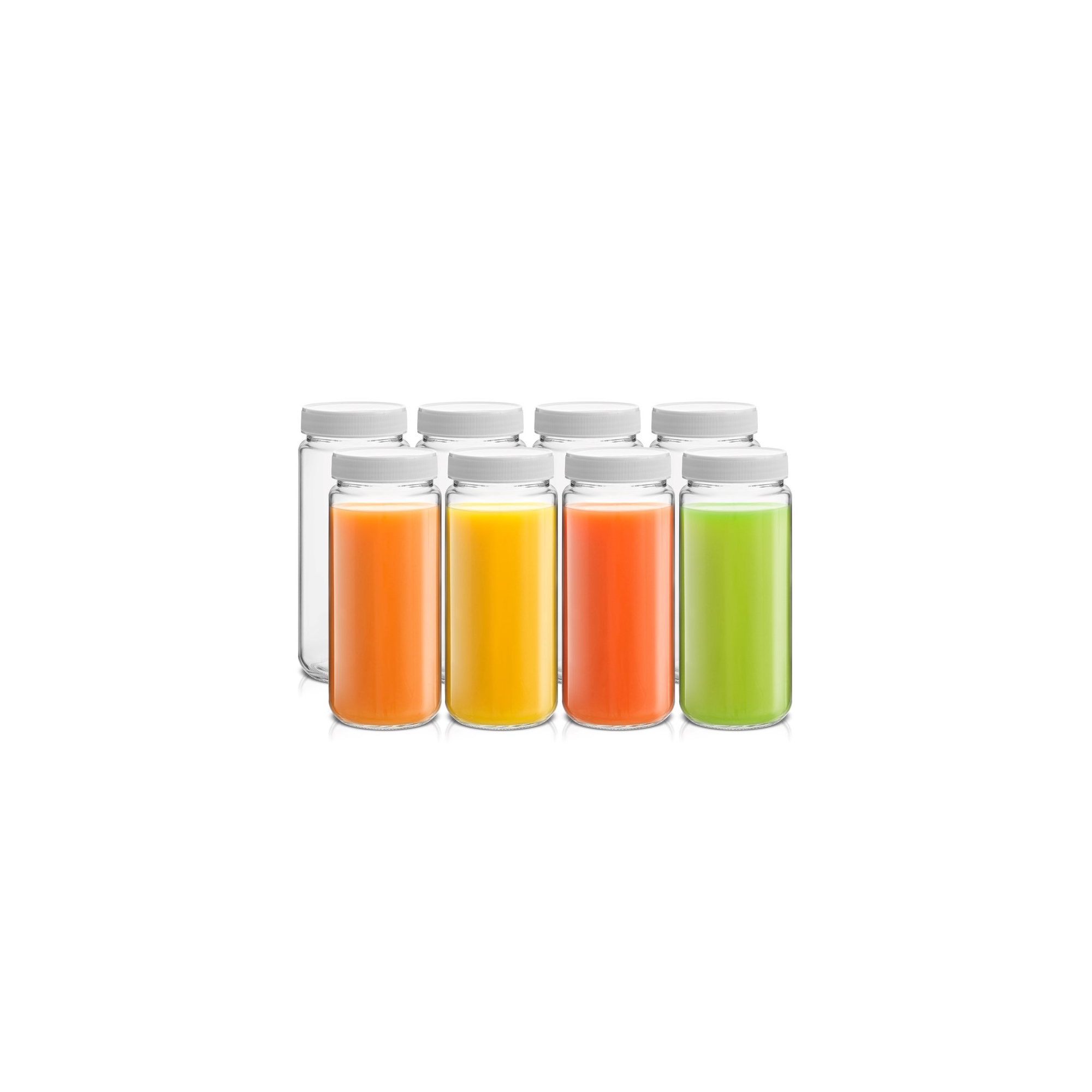 JoyJolt Reusable Glass Juice Bottles with Lids - 16oz Juice Containers with Lids & Stickers- Set of 8 - White