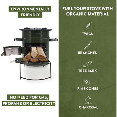 Military Green Portable Wood Burning Rocket Stove with Cast Iron Top