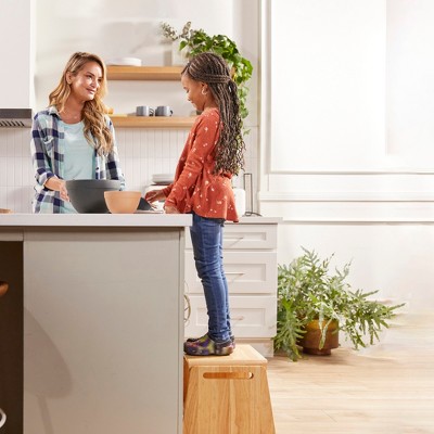 Natural Rubberwood Rolling Sit or Step Stool with Storage